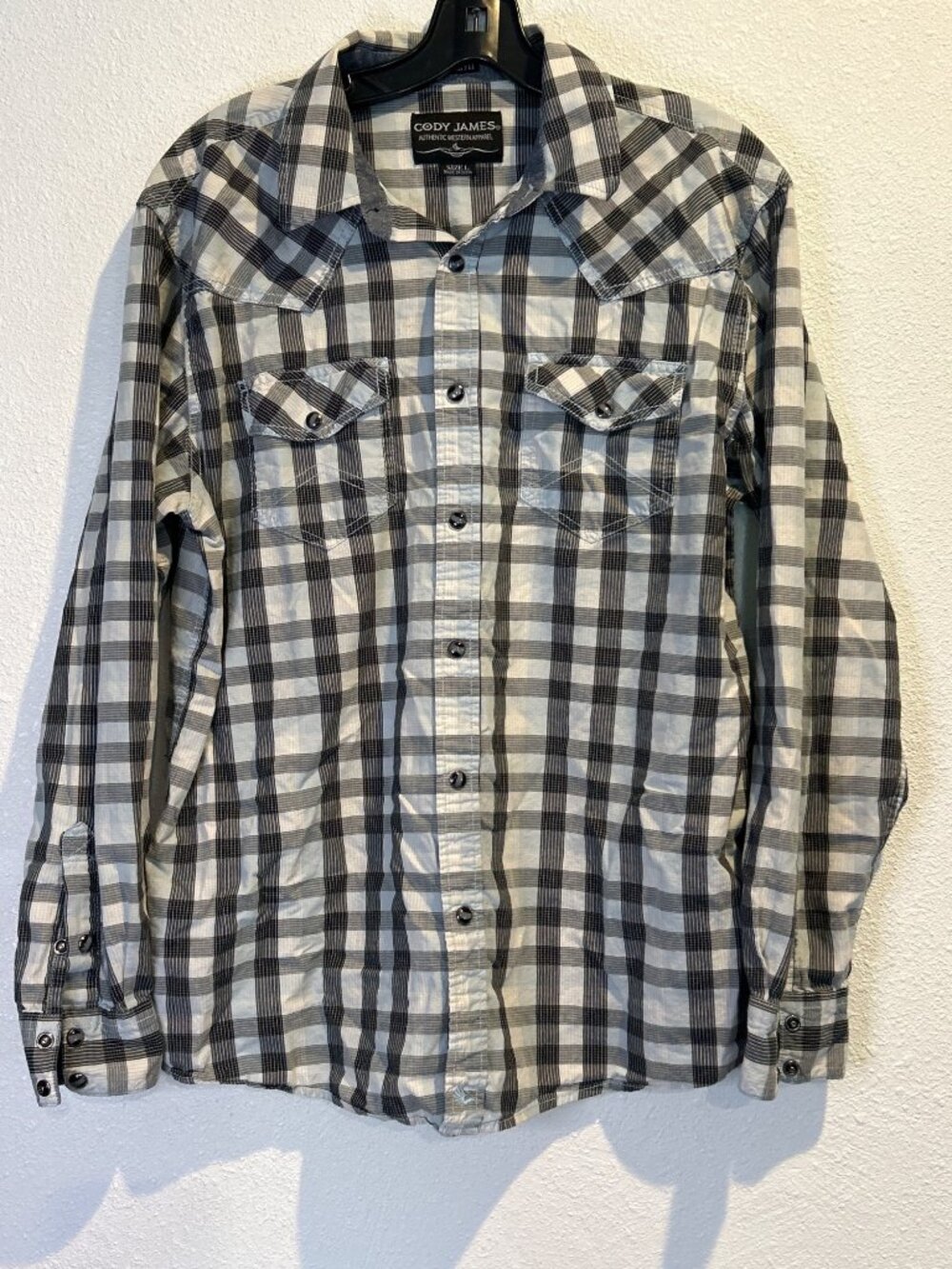 Cody James Shirt Mens LARGE Blue Plaid Long Sleeve Pearl Snap Western Regular Fi